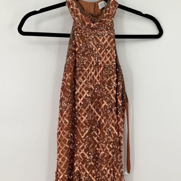NWT Mac Duggal Copper Sequin Beaded Plaid Halter Neck Lined Cocktail Dress Size - Picture 8 of 16